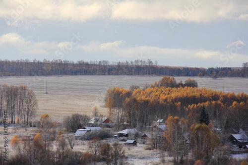 First snow at the fields of Nizhniy Novgorod region of Russia