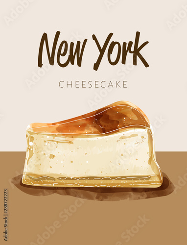 Watercolor paining in retro style of new york cheesecake.  Design for printing, postcard, menu, and others. Vector illustration.