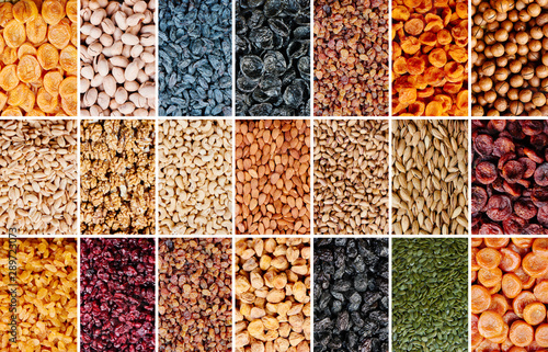 Collage of mix dried fruits and nuts, layout of different colors. Natural banner background close up
