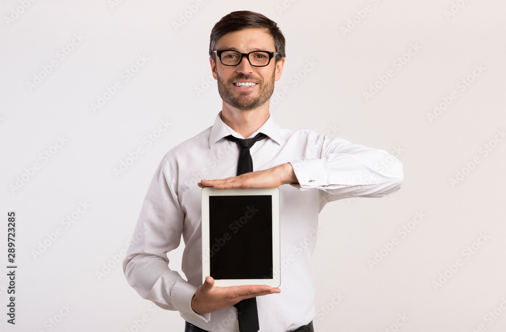 Guy Showing Blank Tablet Screen On White Background, Mockup Guy Showing Blank Tablet Screen On White Background, Mockup