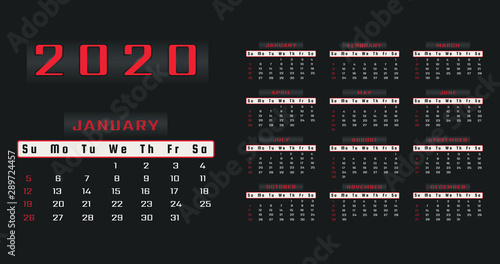 Simple yearly calendar 2020 design on black background with red text. Week starts on Sunday. Basic grid layout. Modern template for business planner, organizer, printing