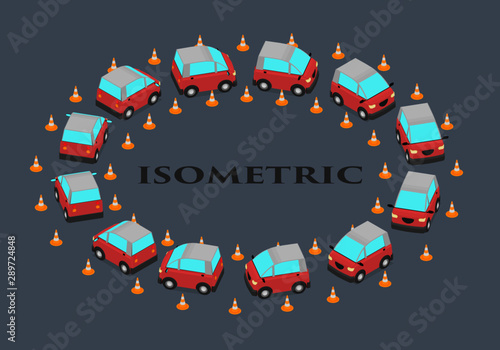 Compact car makes a turn at the landfill. Animation of a car turning. in isometry.