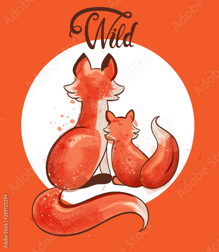 Fox with her baby watercolor vector. Autumn seasonal cards