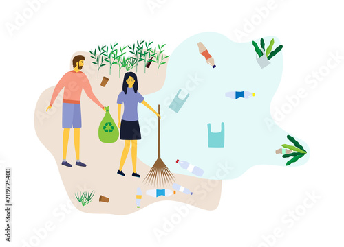 Volunteers pick up trash in the ocean. A man and a woman with a trash bag and a broom collect plastic bottles and other waste. The concept of clean beach and water. Vector flat illustration.