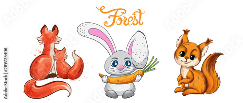 Collage of Cartoon fox and rabbit smiling with carrot vector. Forest animals idea