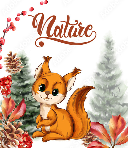 Cute little fox smiling vector. Wild berries, fig trees, autumn leaves. Fores...