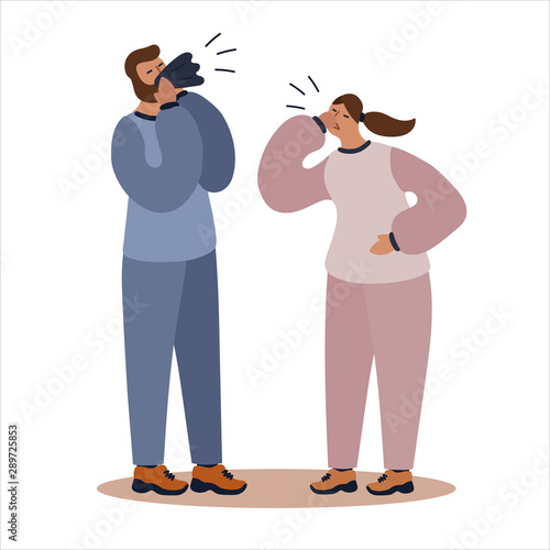 Vector flat illustration with couples with flu or cold symptoms. A man has a runny nose and a woman has a cough. Couple having a cold together