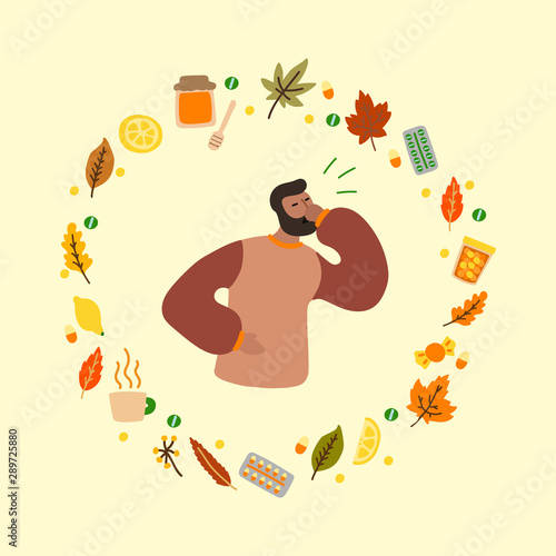 Vector flat illustration with flu man and frame of medicines and leaves. Wreath consisting of medicines for colds and leaves. Concept of seasonal autumn flu man, cold man and medication