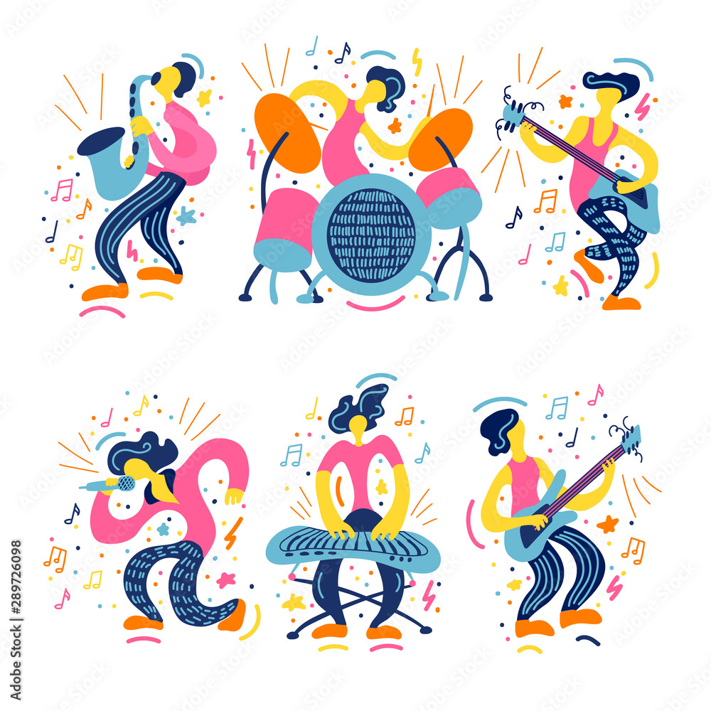 Vector flat illustration with doodle musicians. Music band plays their instruments. Bright color trendy design for print, textile, postcard, advertising, music festivals