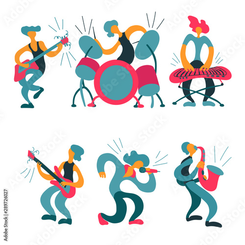Vector flat illustration with doodle musicians. Music band plays their instruments. Bright color trendy design for print, textile, postcard, advertising, music festivals, musical groups