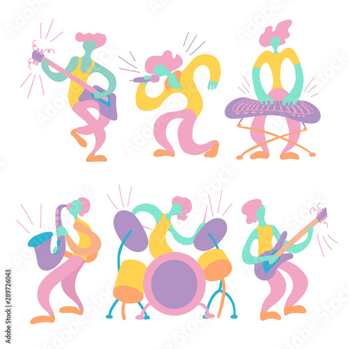 Vector flat illustration with doodle musicians. Music band plays their instruments. Bright color trendy design for print, textile, postcard, advertising, music festivals, musical groups