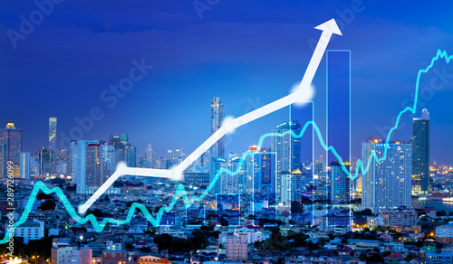 Stock market or financial growth concept, Stock Graph chart line growth and diagram with cityscape night