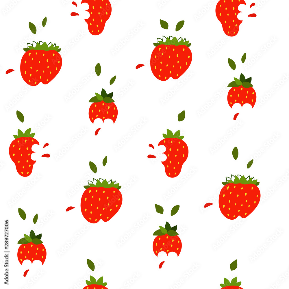 Vector flat seamless pattern with juicy strawberry. Endless print with hand drawn berry on white background. Summer design for print, textile, postcard, advertising, children's design Vector flat seamless pattern with juicy strawberry. Endless print with hand drawn berry on white background. Summer design for print, textile, postcard, advertising, children's design