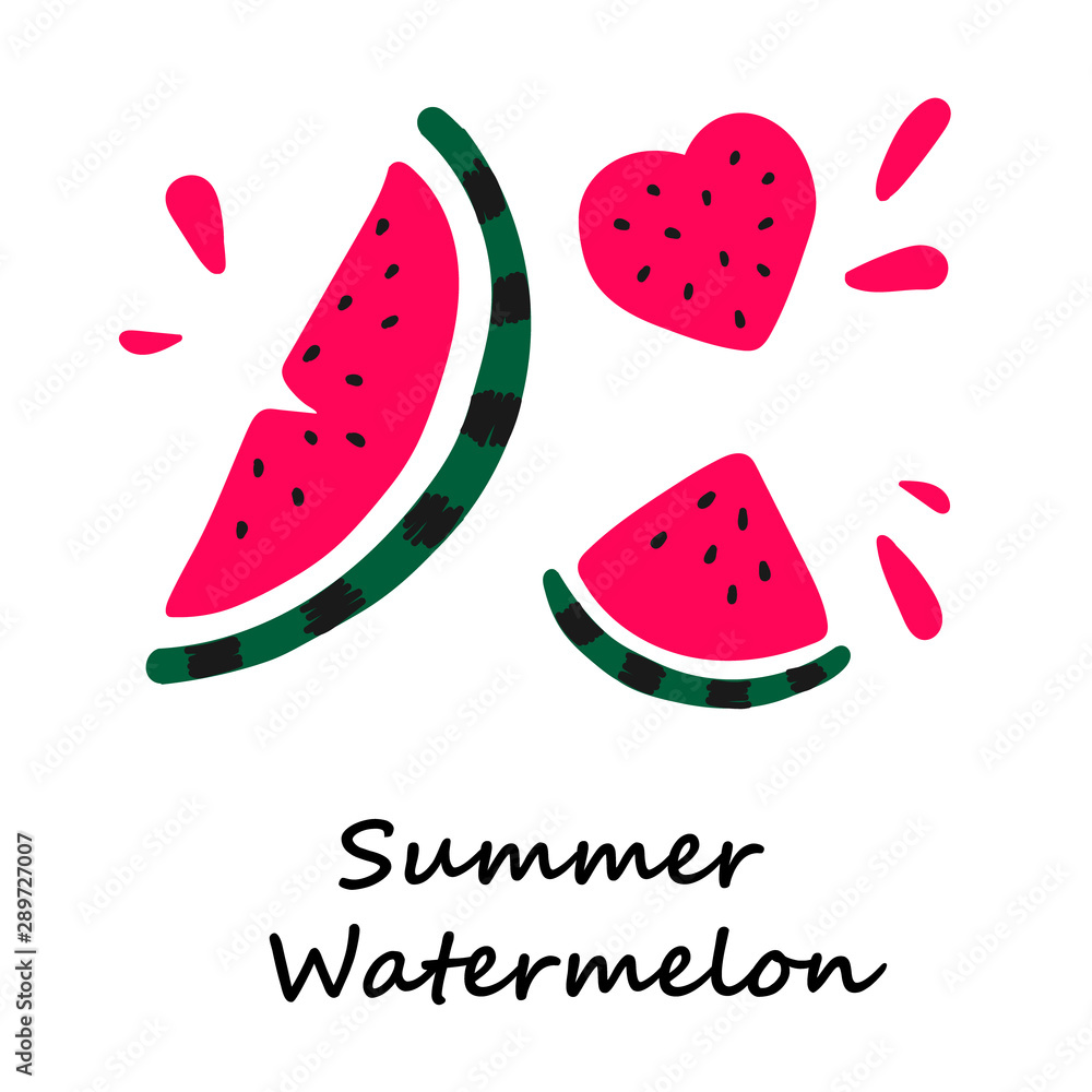 Vector flat illustration with juicy watermelons. Hand drawn watermelon on white background. Summer design for print, textile, postcard , advertising, children's design Vector flat illustration with juicy watermelons. Hand drawn watermelon on white background. Summer design for print, textile, postcard , advertising, children's design