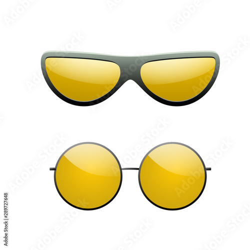 Round sunglasses 3D set. Summer sunglass shade isolated white background. Fun color sun glass. Realistic design eye sight protection. Fashion eyeglasses. Beach sunlight accessory. Vector illustration