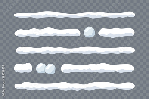 Snow ice icicle set Winter design. White blue snow ball template. Snowy frame decoration isolated transparent background. 3D realistic cap. Christmas, New Year frozen ice texture. Vector illustration