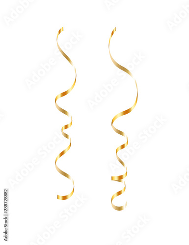 Gold ribbon serpentine set. Golden curly ribbon isolated white background. Decoration for carnival, Christmas party, birthday celebration. Holiday shiny design. Streamers confetti. Vector illustration