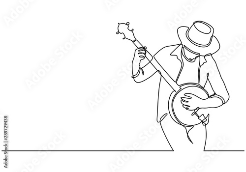Continuous one line drawing of man playing banjo music vector illustration. Stringed instrument with a thin membrane stretched. Minimalist design of simplicity minimalism.