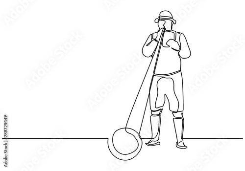 Continuous one line drawing of person blowing alphorn or alpenhorn or alpine horn is a labrophone vector illustration. Classical folk music instrument.