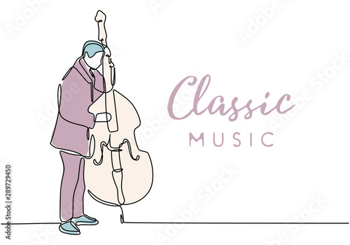 One line drawing of classic music with person playing bowed string music instrument of double bass vector illustration.