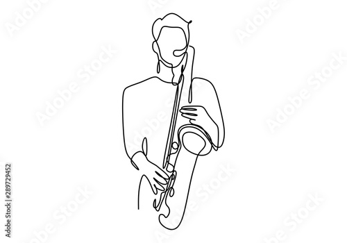 Photography One line drawing of person with saxophone music instrument