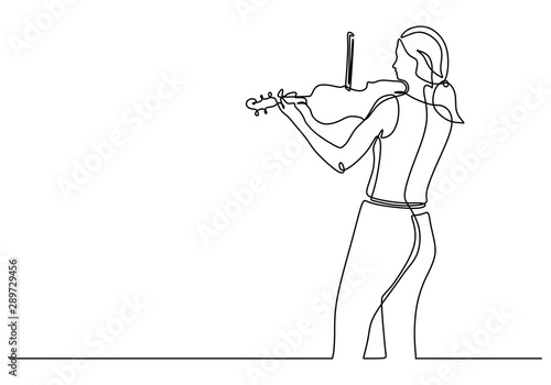Continuous one line drawing of young girl playing violin vector illustration. Violinist woman performing on the stage.