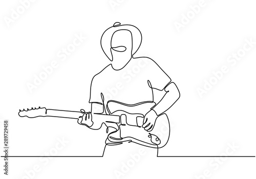One line drawing of man with rock guitar electric. Country style of minimalism design with simplicity lineart.