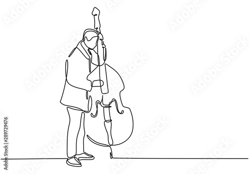 Continuous one line drawing of man playing double bass classic music instrument.