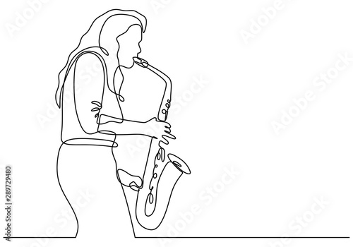 Continuous line drawing of girl blowing saxophone music instrument.
