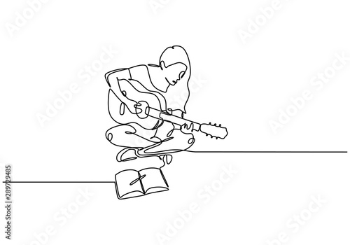 Girl with a guitar. single line drawing. Continuous one lineart of music song writer concept. Woman sing and arrange songs notes with a pen and paper.