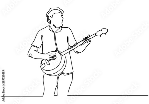 Continuous line drawing of man playing banjo guitar acoustic