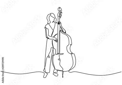 Continuous one line drawing of bass cello music instrument player. Girl playing classical double basses vector illustration cute sketch hand drawn lineart.