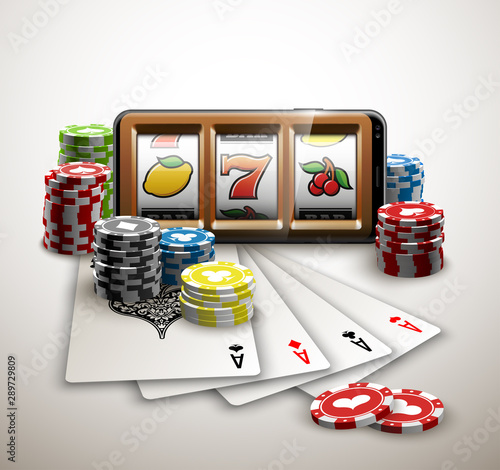 big win illustration Online Jackpot casino Slot machine banner in mobile phone. Chips, playing card, dice. Marketing Luxury Banner Jackpot Online Casino game Slot-machine in Smartphone play now poster