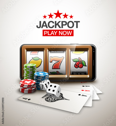 big win illustration Online Jackpot casino Slot machine banner in mobile phone. Chips, playing card, dice. Marketing Luxury Banner Jackpot Online Casino game Slot-machine in Smartphone play now poster