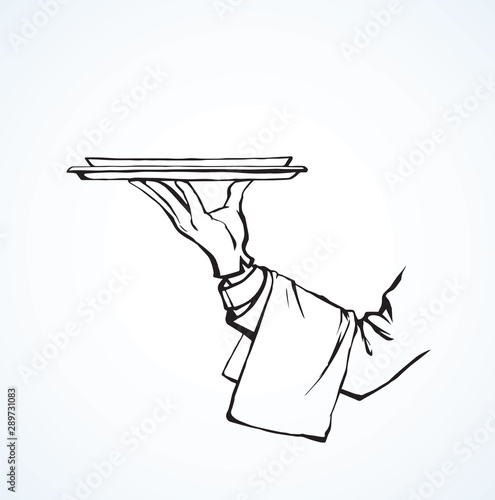 Hand of waiter with dish. Vector drawing