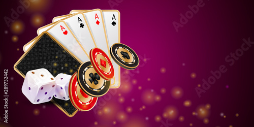 Purple casino background with playing cards, chips and dices. Poker hand banner
