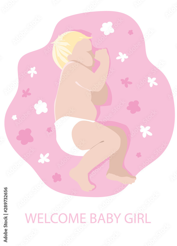 A charming child sleeps on a pink sheet. A charming child sleeps on a pink sheet.