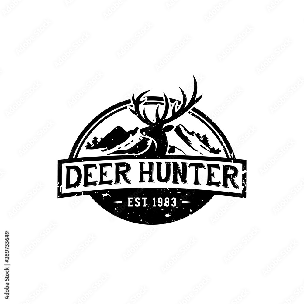 Obraz premium Vintage Vector Ilustration logo of Hunter Deer with mountain ilustration