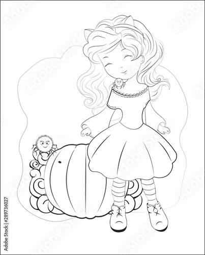 Coloring book Halloween cat girl