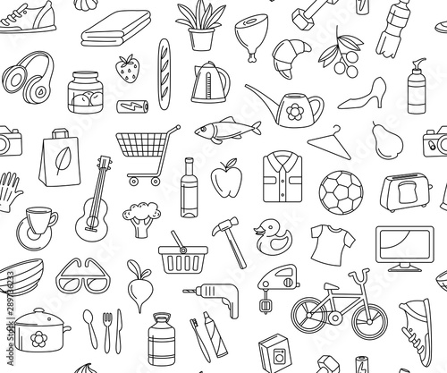 Hypermarket store food, appliances, clothes, toys seamless icons background pattern