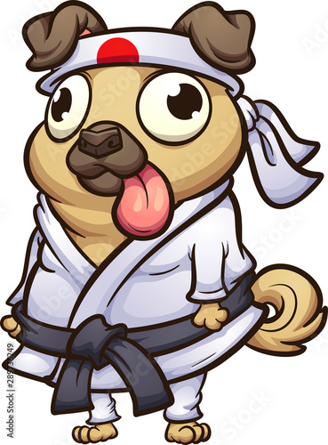 Cartoon pug wearing a karate outfit clip art. Vector illustration with simple gradients. All in a single layer. 