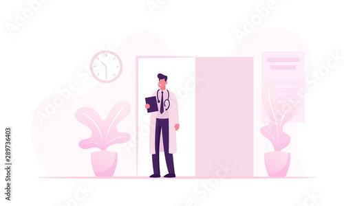 Health and Medicine Concept with Young Doctor in White Robe and Stethoscope on Neck Stand at Cabinet Door Entrance Inviting Next Patient for Appointment Consultation Cartoon Flat Vector Illustration