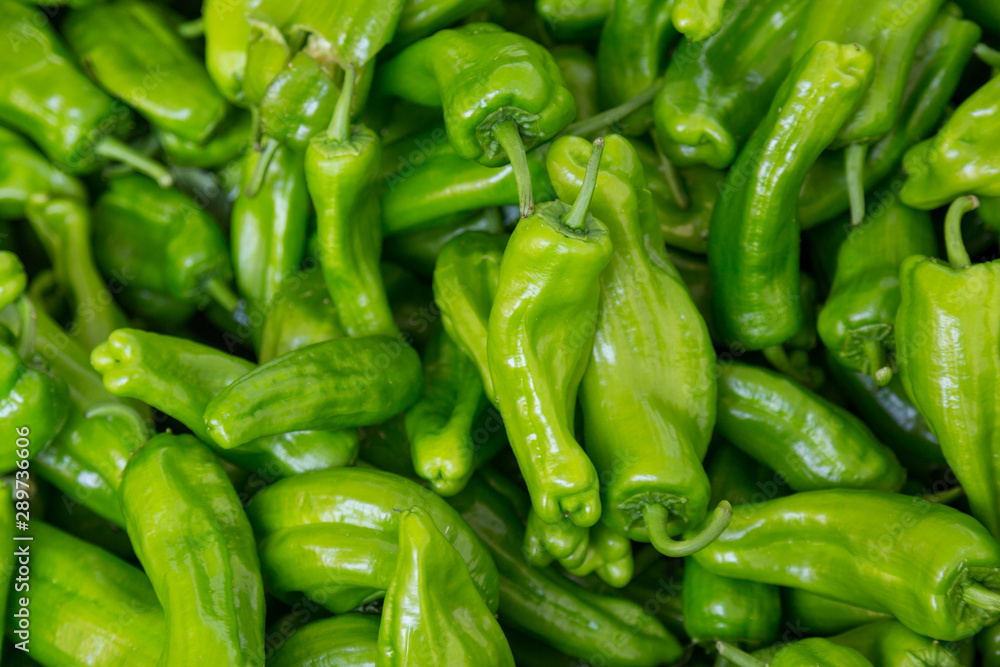 Green sweet pepper closeup background. Fresh vegetables in the market.
