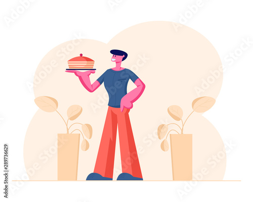 Young Man Holding Tray with Cake Presenting Home-Made Bakery Food