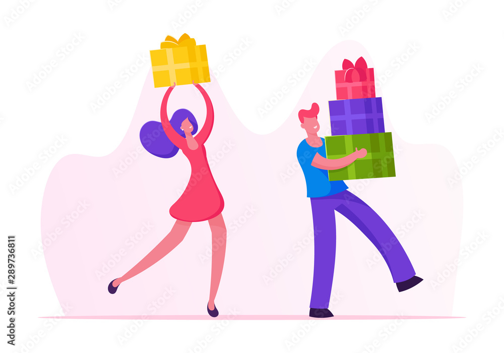 Fototapeta premium Happy People Carry Gift Boxes Wrapped with Festive Bow. Male and Female Characters Prepare Presents for Family and Friends on Winter Holidays or Birthday Celebration. Cartoon Flat Vector Illustration