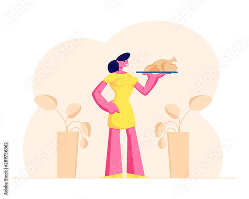 Domestic Food Concept. Woman Housewife Holding Plate with Roasted Turkey or Chicken Meeting Family with Delicious Dinner at Home. Young Wife Cooking Meal Meet Husband. Cartoon Flat Vector Illustration