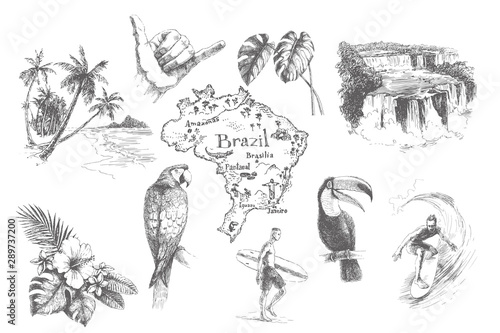 Fotografi Vector vintage set illustrations of symbols tropical summer vacation