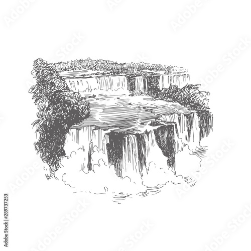 Vector illustration of waterfall in Brazil in engraving style. Iguazu falls black and white sketch. Hand drawn vintage illustration with landscape of South America