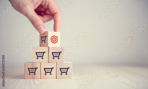 sale volume increase make business success,  Flips cube with icon goal and shopping cart symbol.