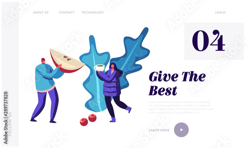 Hot Drinks Concept for Website Landing Page. Cute Male and Female Characters Wearing Warm Clothes Holding Mug with Hot Beverage and Piece of Apple Web Page Banner. Cartoon Flat Vector Illustration